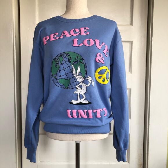 Looney Tunes Peace Love Unity Crewneck Sweatshirt Bugs Bunny S Blue Bubble Prnt - Picture 1 of 10